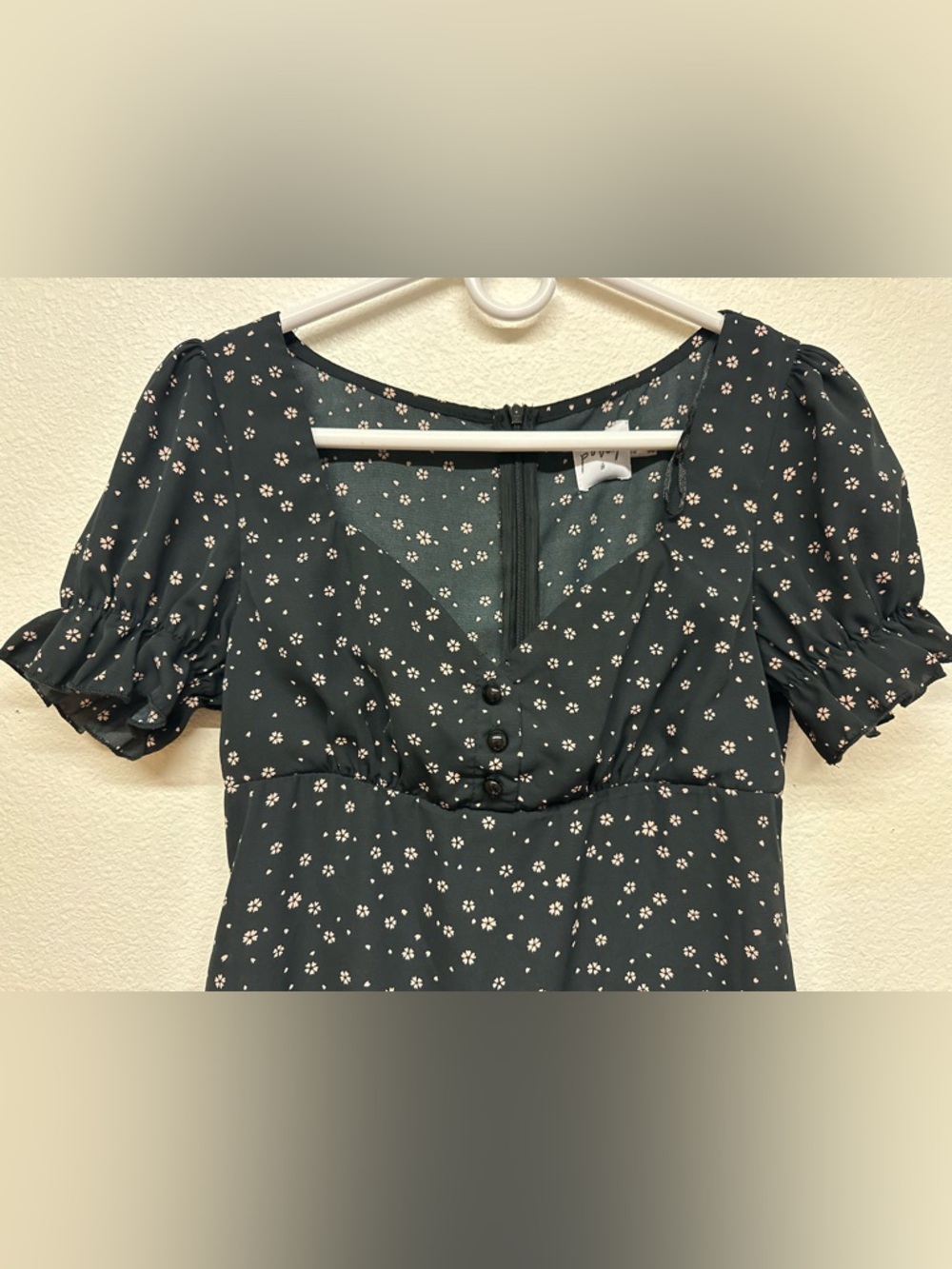 Black Floral Mini Dress with Puff Sleeves - Picture 2 of 4